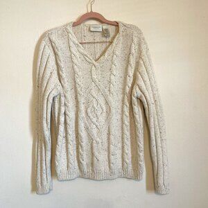 💃🏻 Liz Claiborne | Ivory Speckled Cotton/Wool Blend Cable-Knit Sweater L